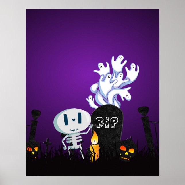 Poster Halloween Graveyard Éffrayant Cute Skeleton & Ghos (Devant)