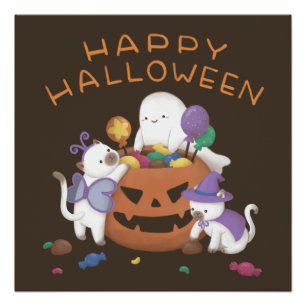 Poster Halloween heureux : Chats et fantômes