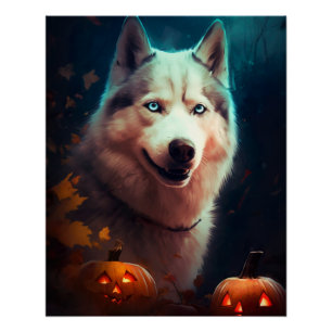 Poster Halloween Husky Sibérien Avec La Peur Citrouille
