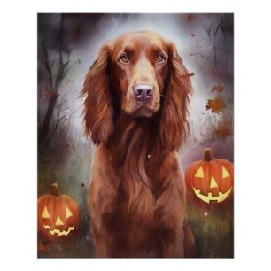 Poster Halloween Irish Red Setter avec citrouilles effray