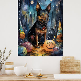 Poster Halloween Kelpie Australien avec citrouilles épouv