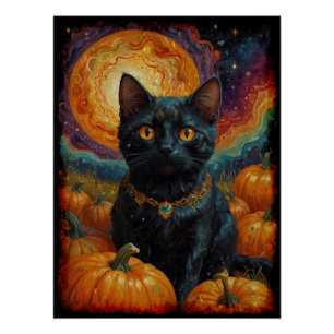 Poster Halloween Kitten noir et Citrouille