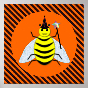 Poster Halloween Magic Bee Witch Orange et Black Stripes