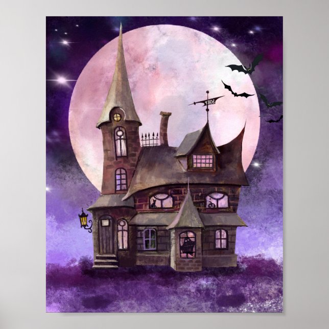 Poster Halloween Maison hantée avec lune et mur de chaume (Devant)