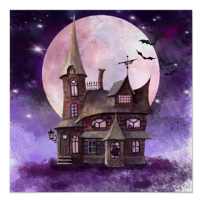 Poster Halloween Maison hantée avec lune et mur de chaume (Devant)