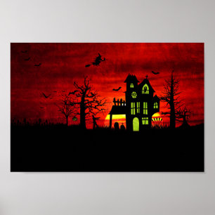 Poster Halloween Maison hantée Éffrayante sorcière effray