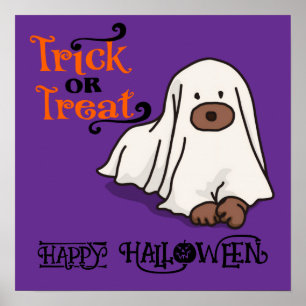 Poster Halloween mignon drôle Whimsical chien fantôme pou