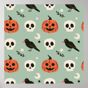 Poster Halloween motif sans couture avec corbeaux, crânes