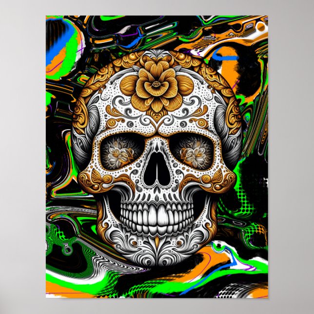 Poster Halloween ou Día de Muertos Sugar Skull Fluid Art (Devant)