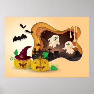 Poster Halloween Papercut Cemetery Ghosts