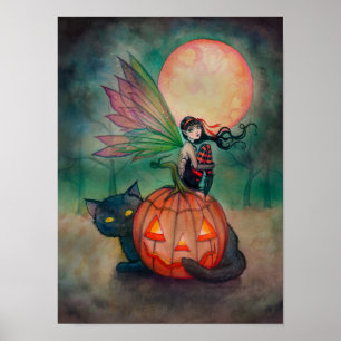 Poster Halloween Pixie Fairy et Black Cat Imaginaire Art
