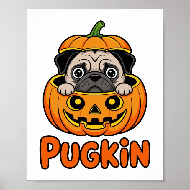 Poster Halloween Pugkin, chien Citrouille Carlin (Devant)