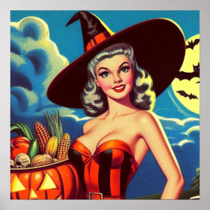 Poster Halloween rétro Pin-up sorcière