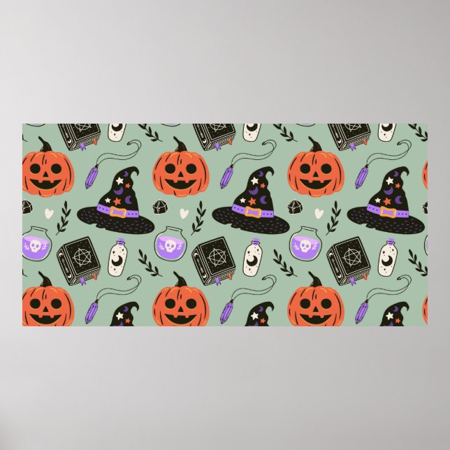 Poster Halloween sans couture motif avec casquette sorciè (Devant)