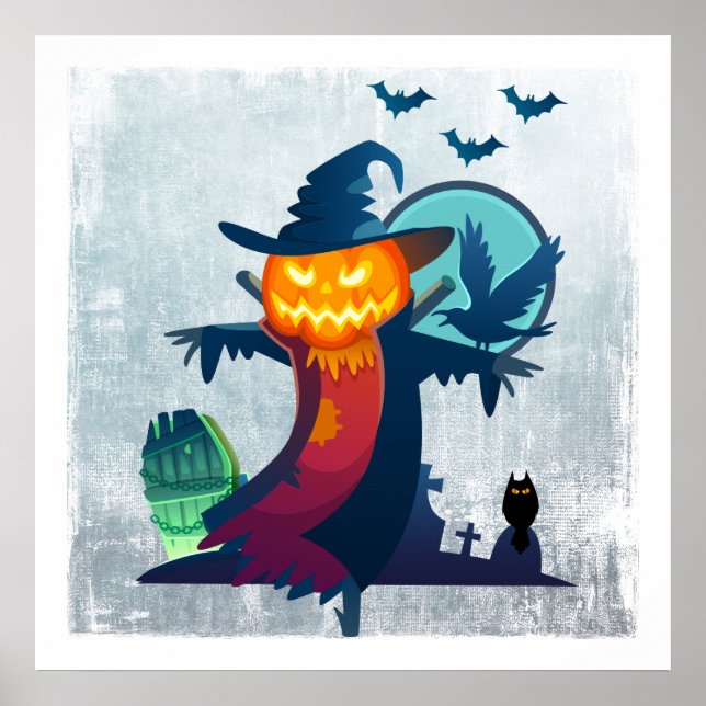 Poster Halloween Scarecrow With Bats Crow and Owl (Devant)