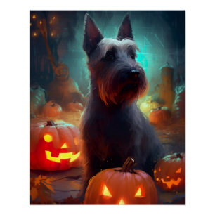 Poster Halloween Scottish Terrier avec citrouilles effray