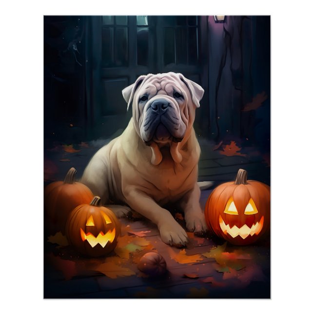 Poster Halloween Shar Pei Avec La Peur Citrouille (Devant)
