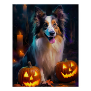 Poster Halloween Shetland Sheepdog avec citrouilles épouv