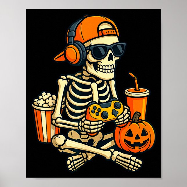 Poster Halloween Skeleton Gamer Video Gaming Boys Men Kid (Devant)