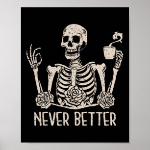 Poster Halloween Skeleton Skull Femmes Boire Café Nev