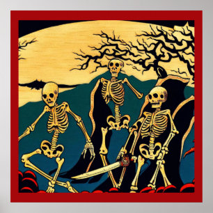 Poster Halloween - Skeletons Woodcut 4