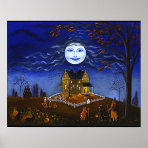 Poster Halloween, sorcière, diable, lune, fantôme, chauve