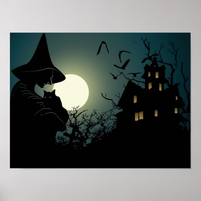 Poster Halloween : sorcière et maison hantée (Devant)