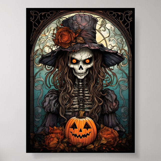 Poster Halloween Squelette déplaisant Et Citrouille Orang (Devant)