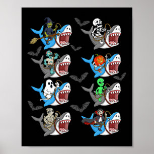 Poster Halloween Squelette Zombie équitation Requin maman