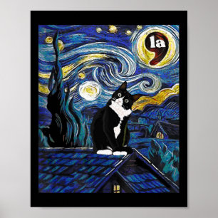 Poster Halloween Starry Nuit Tuxedo Cat Comma La Kamala