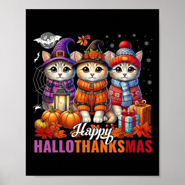 Poster Halloween Thanksgiving Noël Joyeux Hallomerci (Devant)