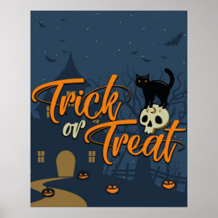 Poster Halloween Trick ou traiter Chat noir et crâne