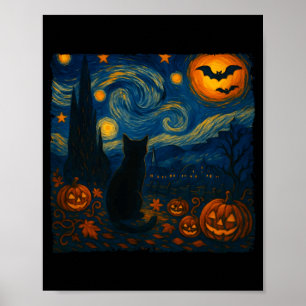 Poster Halloween Van Gogh Nuit Étoilée Chat Noir Citrouil