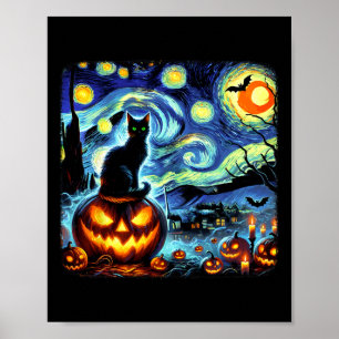 Poster Halloween Van Gogh Starry Night Chat noir Citrouil