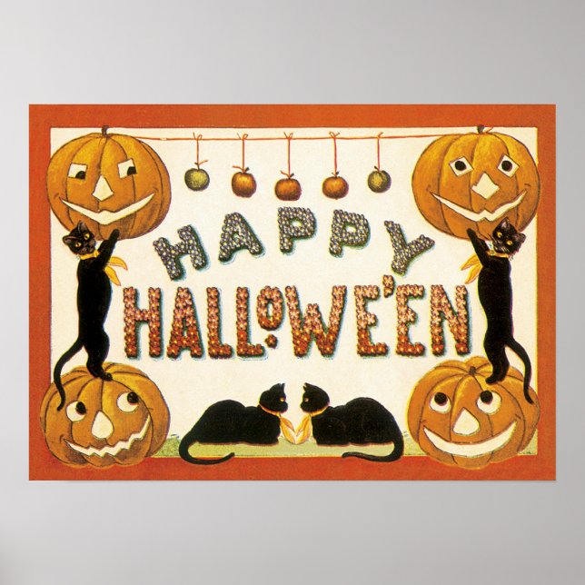 Poster Halloween vintage, Chats noirs avec Jackolanterns (Devant)
