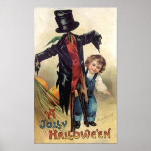 Poster Halloween Vintage de Little Boy et Scarecrow