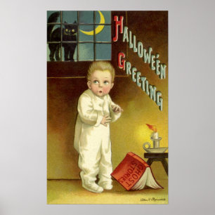 Poster Halloween vintage, garçon effrayé avec le chat
