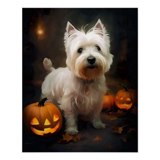 Poster Halloween West Highland White Terrier Citrouilles (Devant)