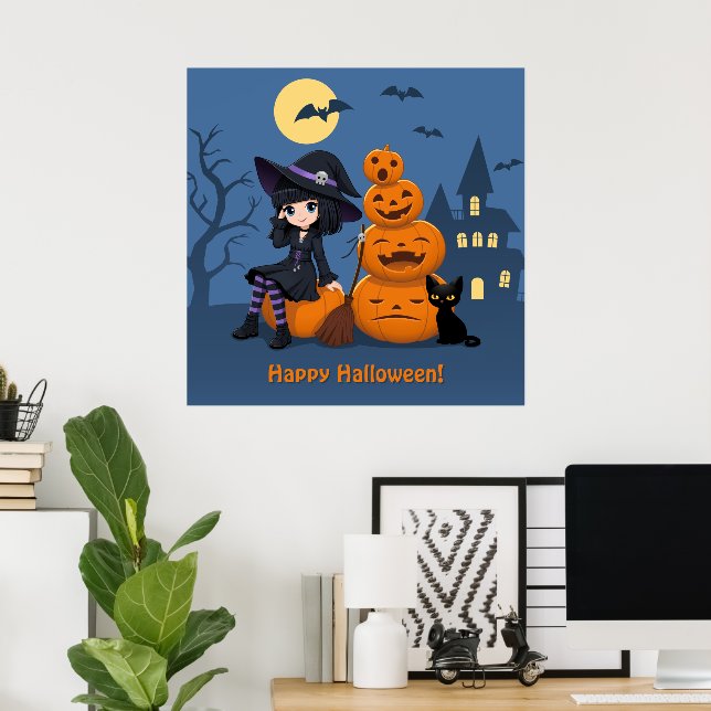 Poster Halloween Witch, Chat noir et Citrouille (Bureau à domicile)
