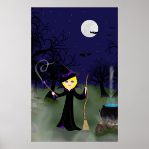 Poster Halloween Witch with Cauldron Print