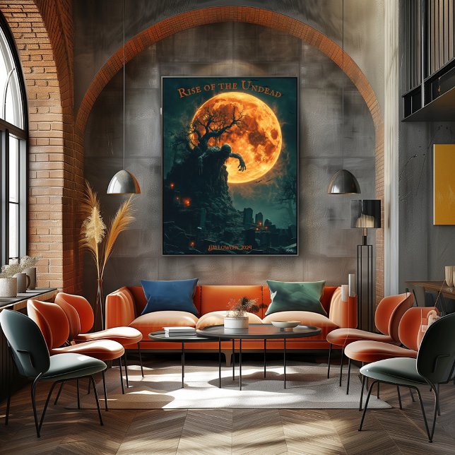 Poster Halloween Zombie se levant avec Pleine lune et cim (Créateur téléchargé)