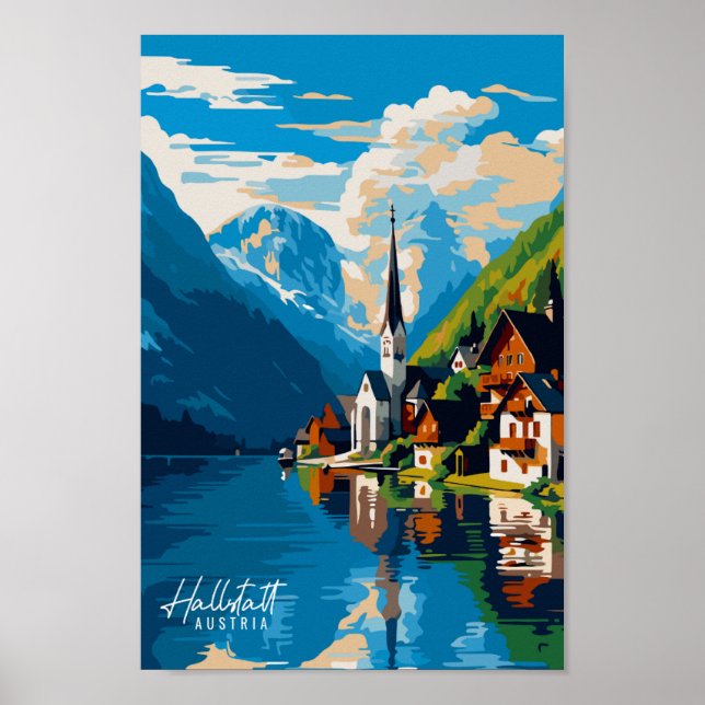 Poster Hallstatt Autriche illustration de voyage vintage (Devant)
