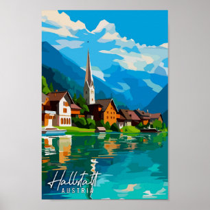 Poster Hallstatt Autriche illustration de voyage vintage