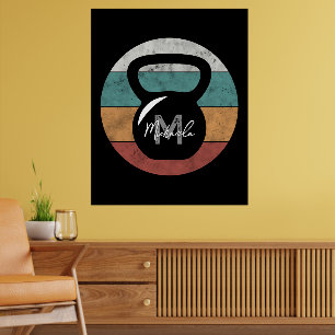 Poster Haltère vintage personnalisé avec monogramme nom i