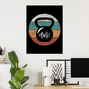 Poster Haltère vintage personnalisé avec monogramme nom i