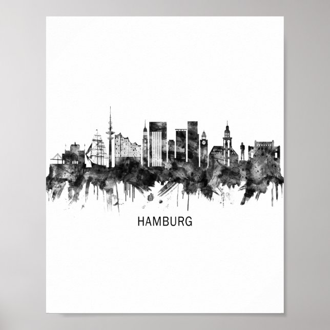 Poster Hambourg Allemagne Skyline BW (Devant)