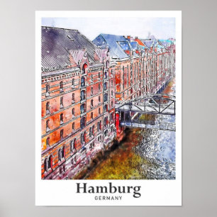 Poster Hambourg Allemagne Voyage Aquarelle main tirée
