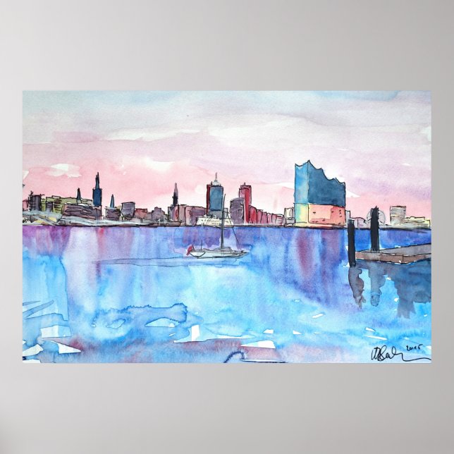 Poster Hambourg Skyline et Elbe Philharmony Hall à Dusk (Devant)