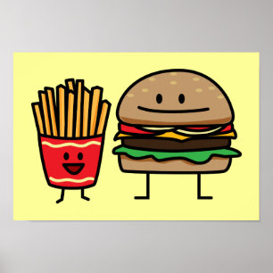 Poster Hamburger et Fries fast food bun junk frit chaud