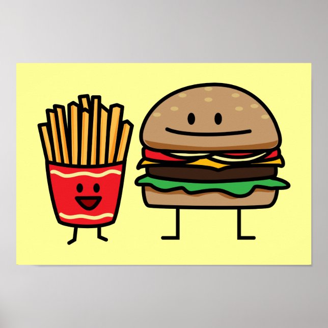Poster Hamburger et Fries fast food bun junk frit chaud (Devant)